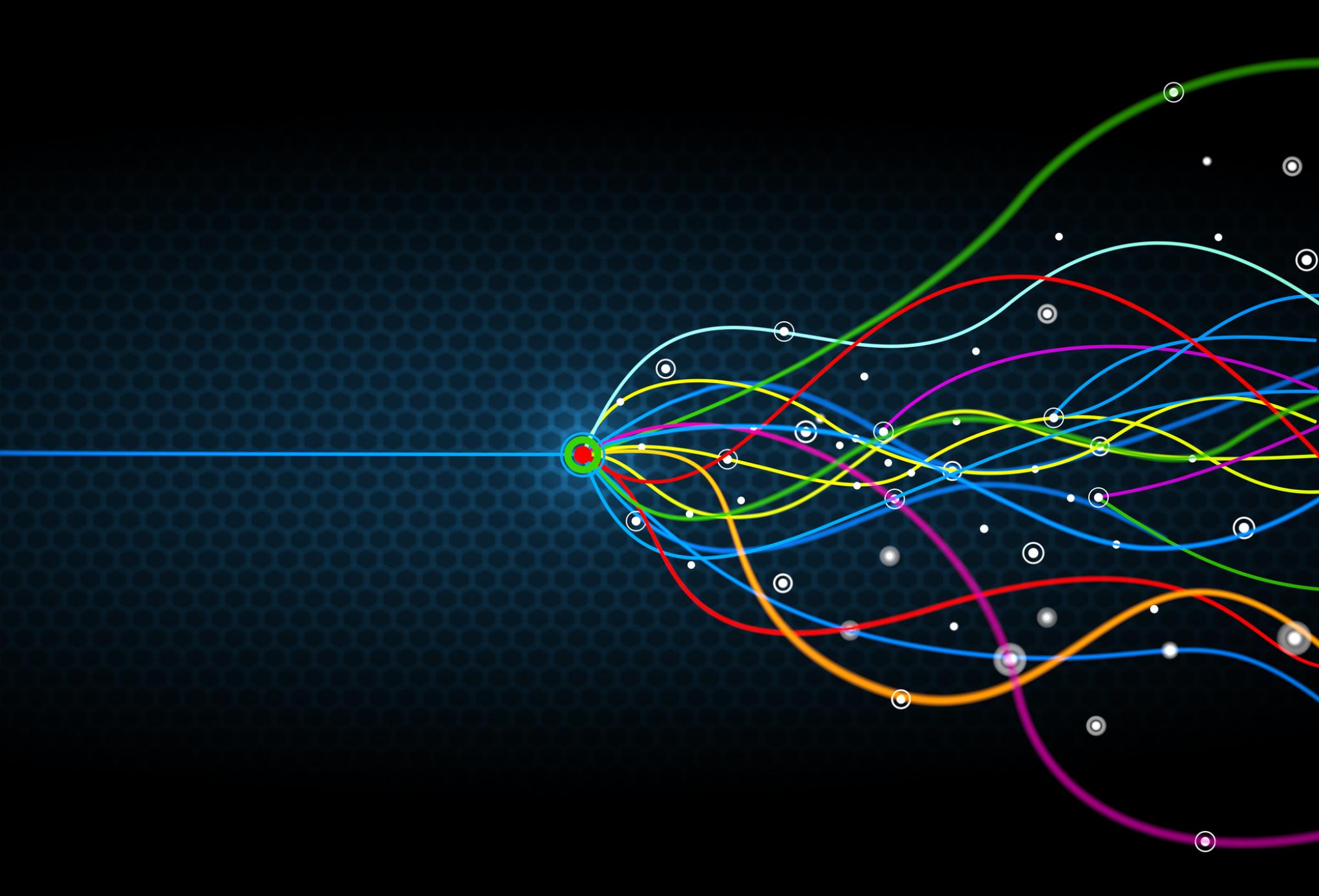 Line breaking into many curved lines coming out