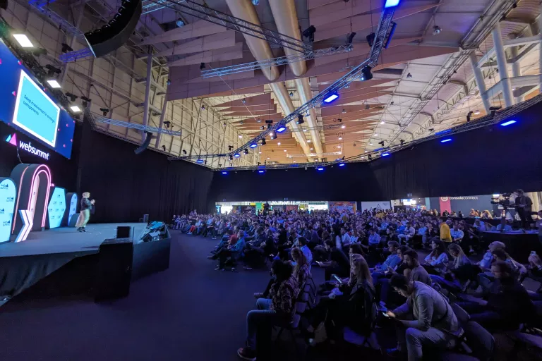 Baddy Sonja Breidert speaking about Drupal at Web Summit