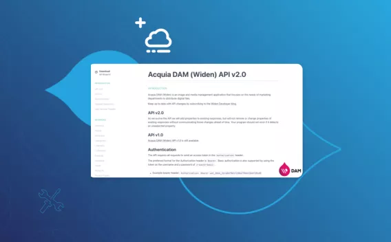 A screenshot of the Acquia DAM API documentation, overlaying a blue background.