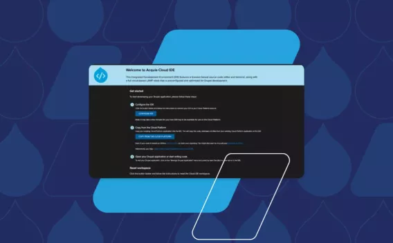 Cloud IDE screenshot with Acquia blue logo background