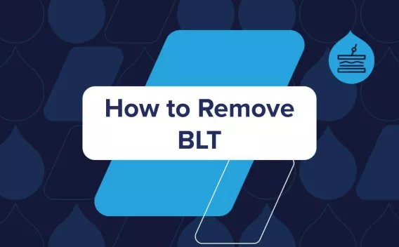 How to Remove BLT title listed in center of image with a bacon, lettuce, and tomato illustration in the top right corner. Background is Acquia dark blue with droplets