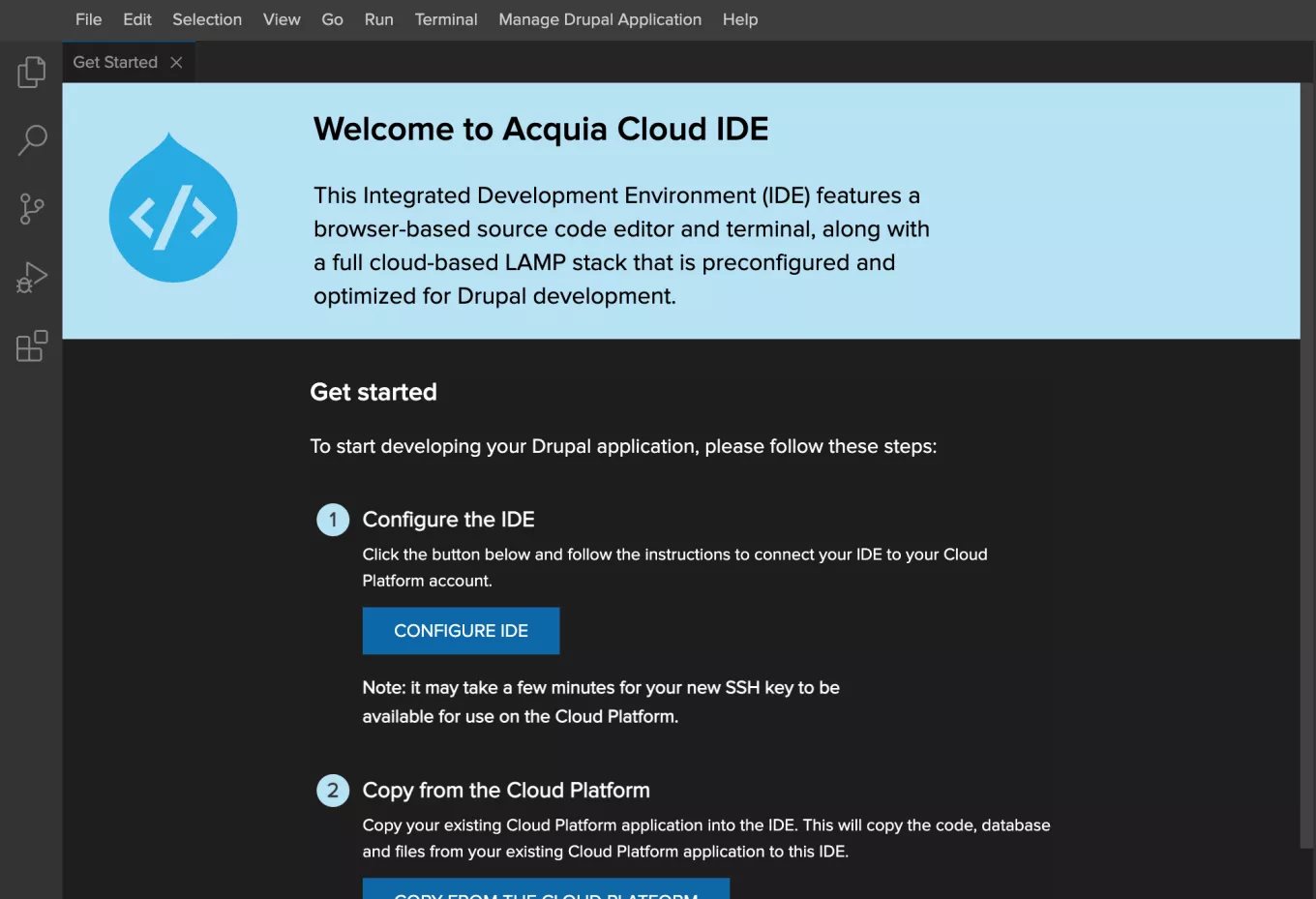 Opening interface of the Cloud IDE after launch