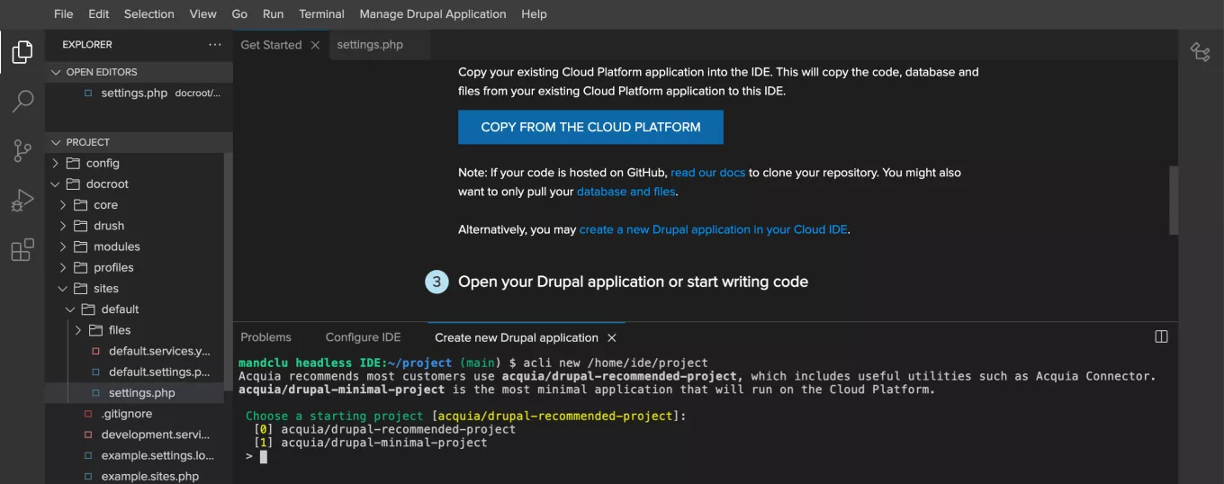 Cloud IDE prompt to choose project