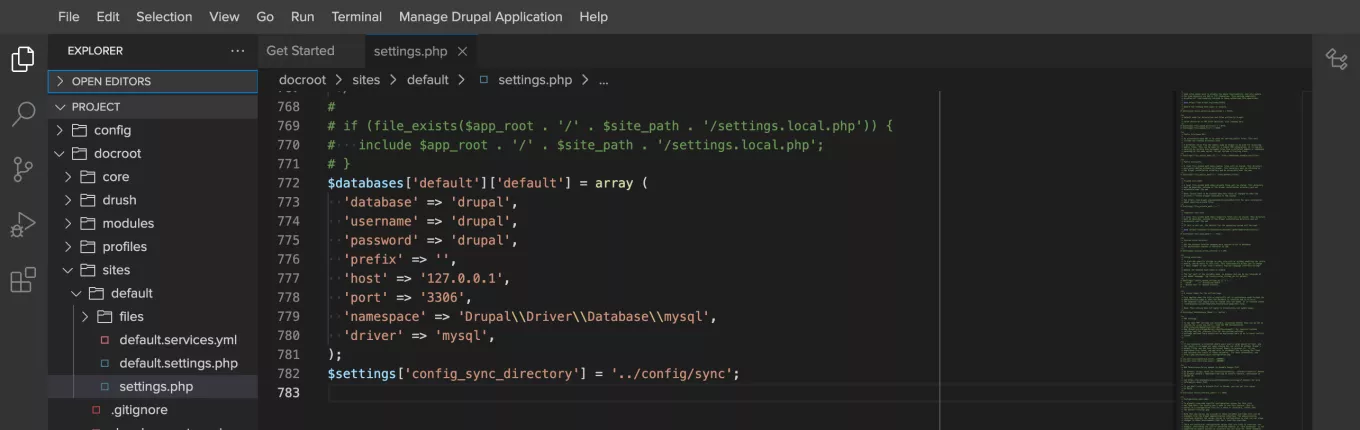 Using the IDE's editor to edit the settings.php file