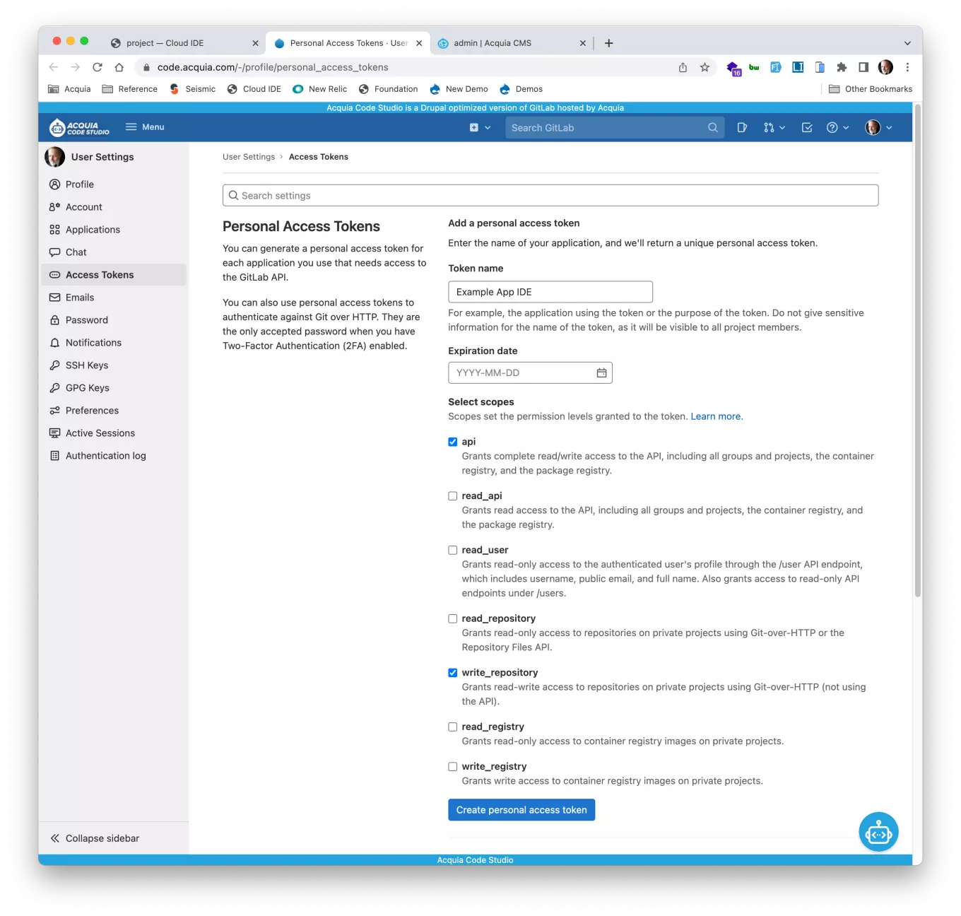 Configuring the Personal Access Token in Code Studio