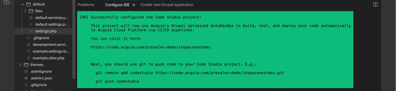 IDE output from the ACLI command after it has finished successfully