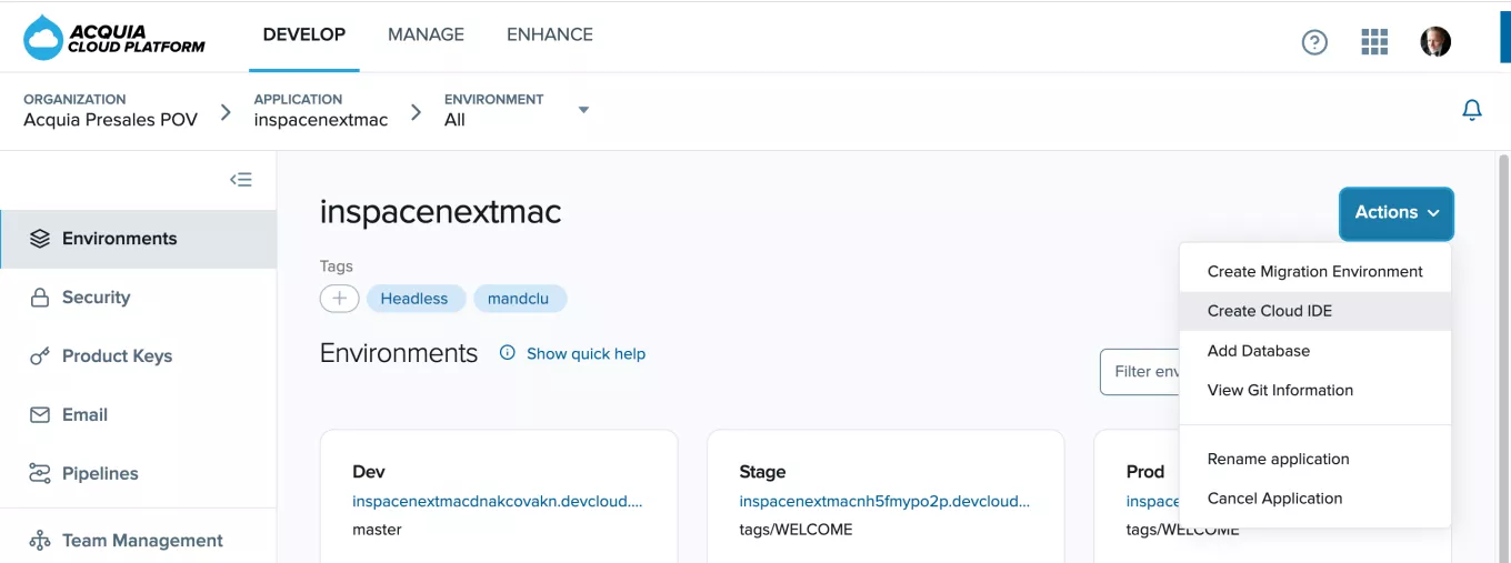 Selecting "Create Cloud IDE" from the Actions dropdown in the Acquia Cloud UI