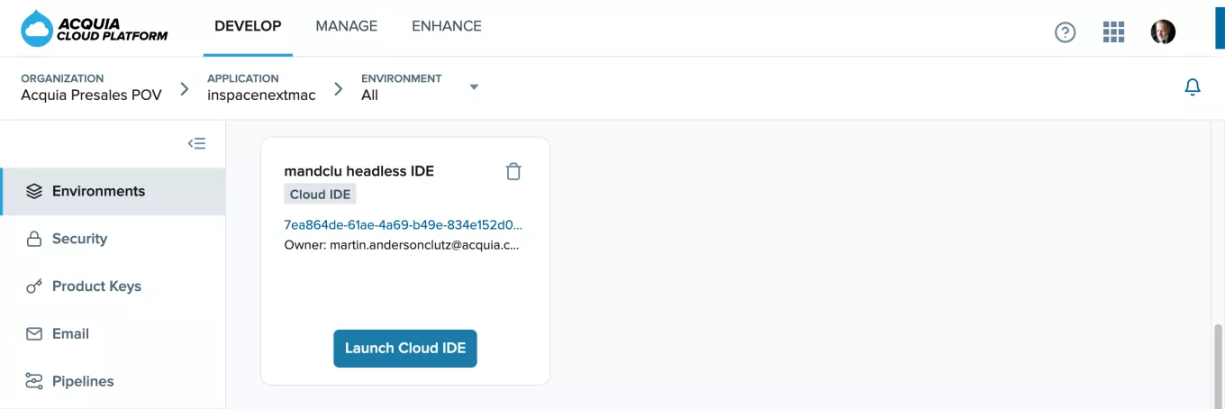 In the Acquia Cloud UI, the option to click to launch the created Cloud IDE