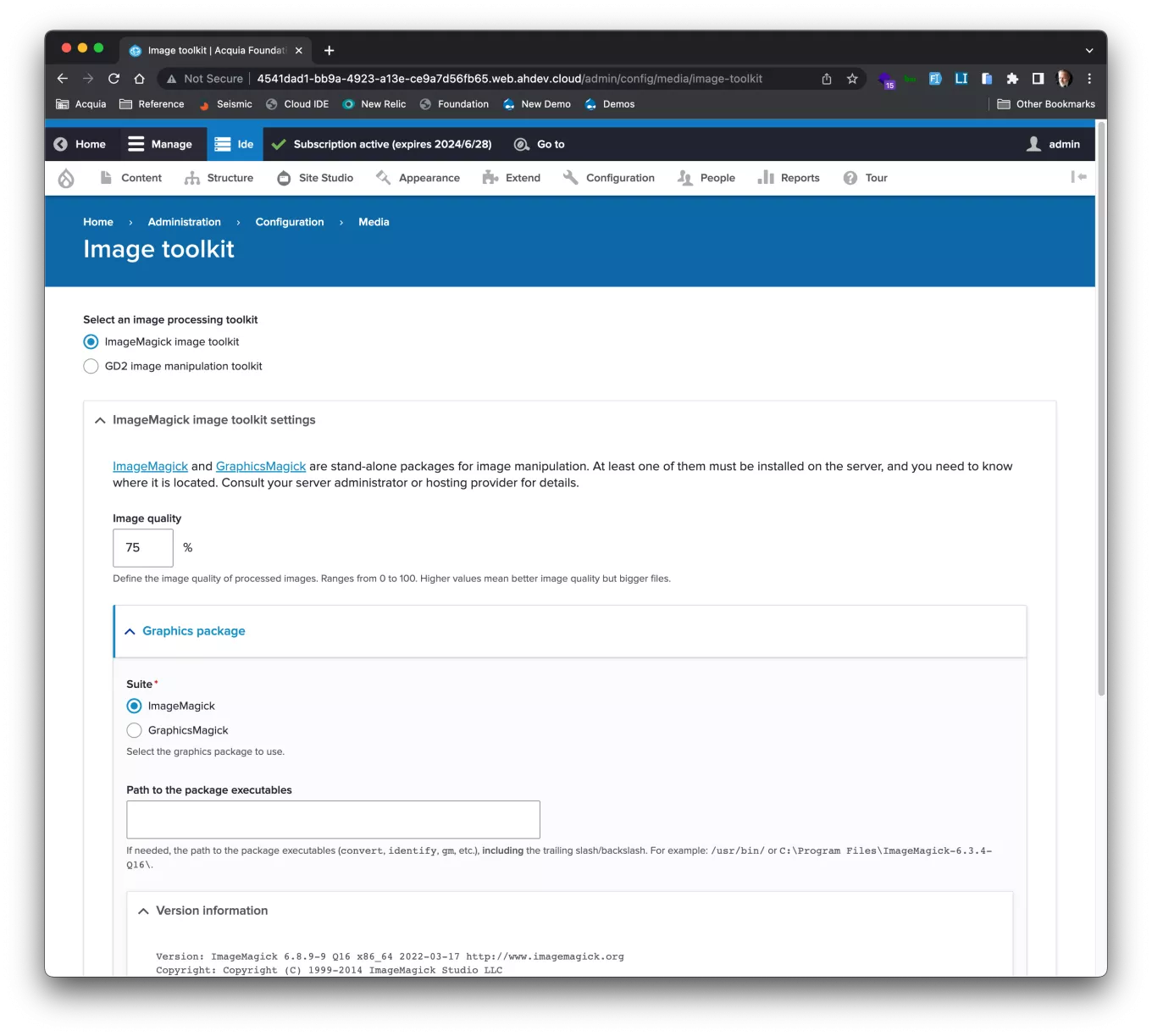 Page in the Drupal admin UI for choosing the graphics toolkit