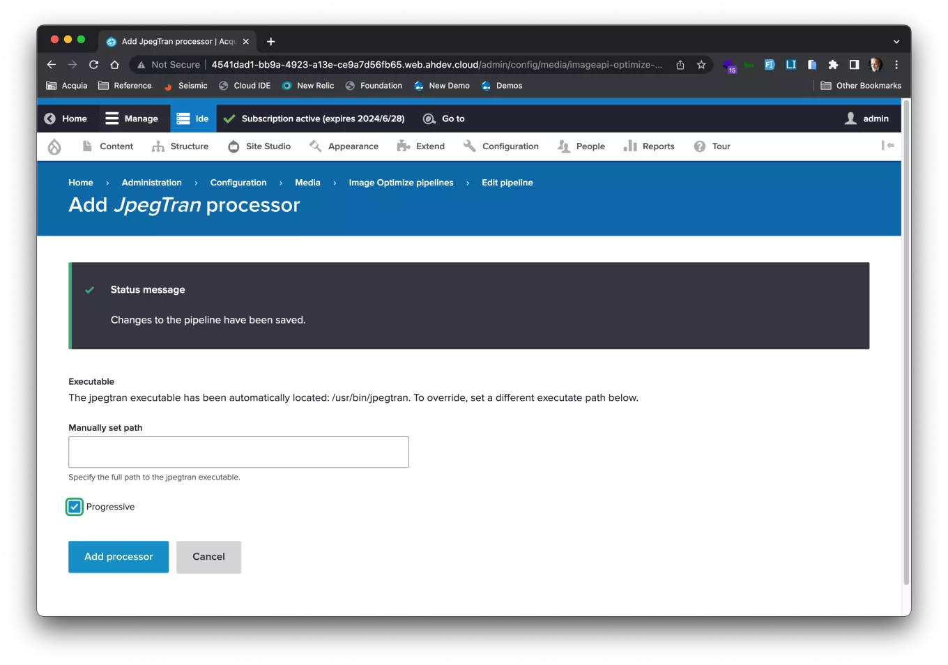 Altering the jpegtran processor configuration to make the images progressive