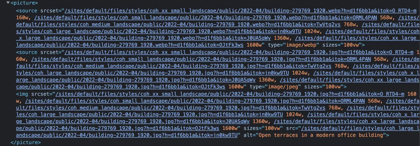 Code showing the multiple images being rendered at different sizes for an optimized responsive image