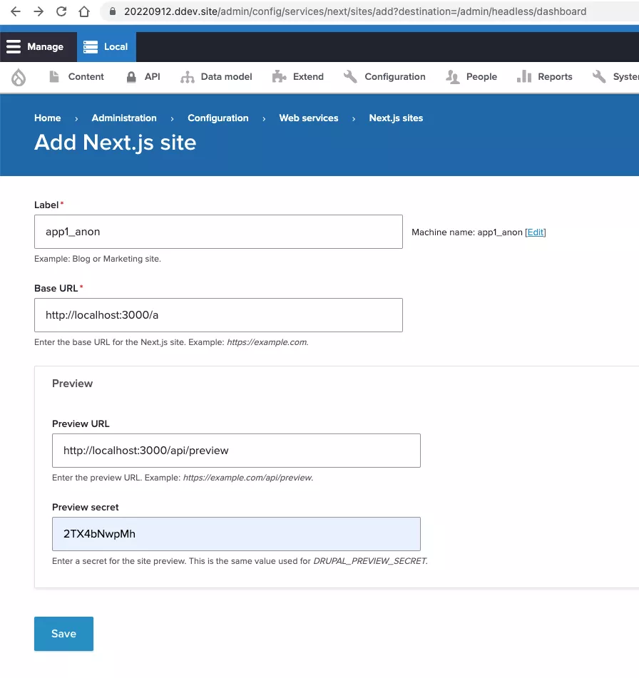 ACMS headless screenshot add next.js site