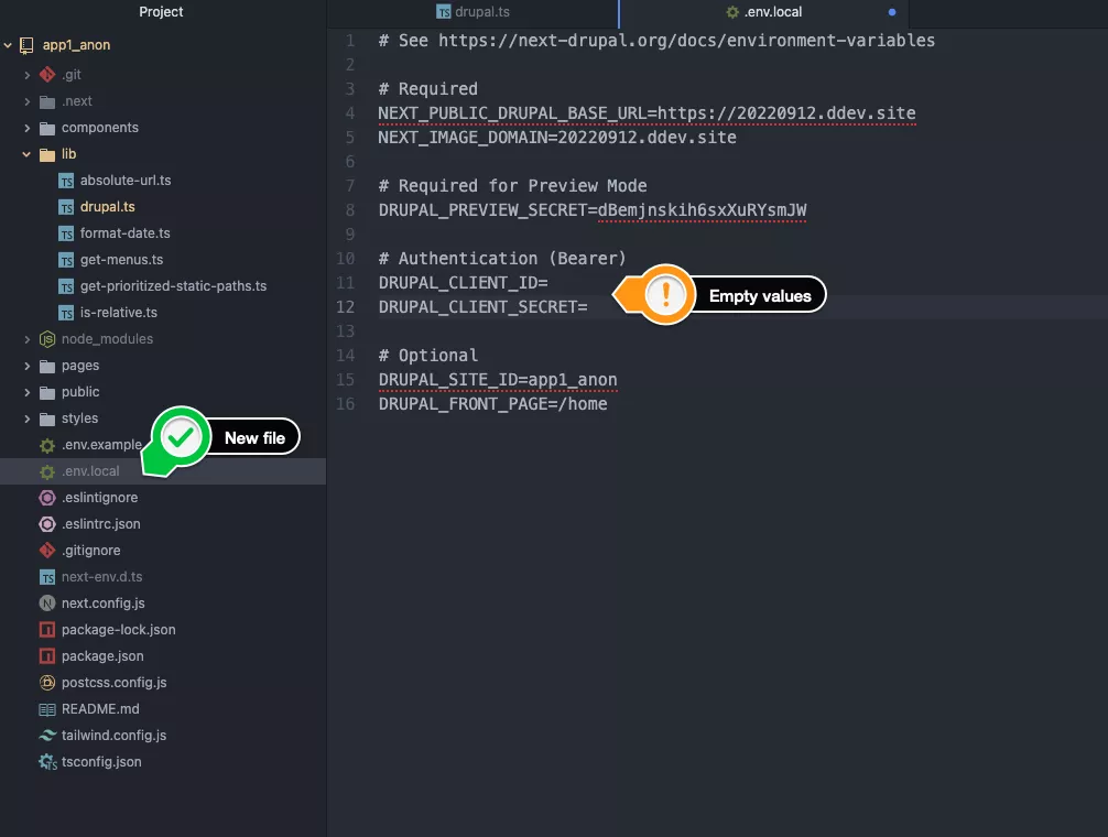 screenshot of environment variables in nextjs app