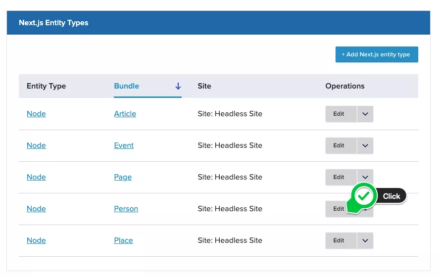 Screenshot  of dashboard next.js entity types