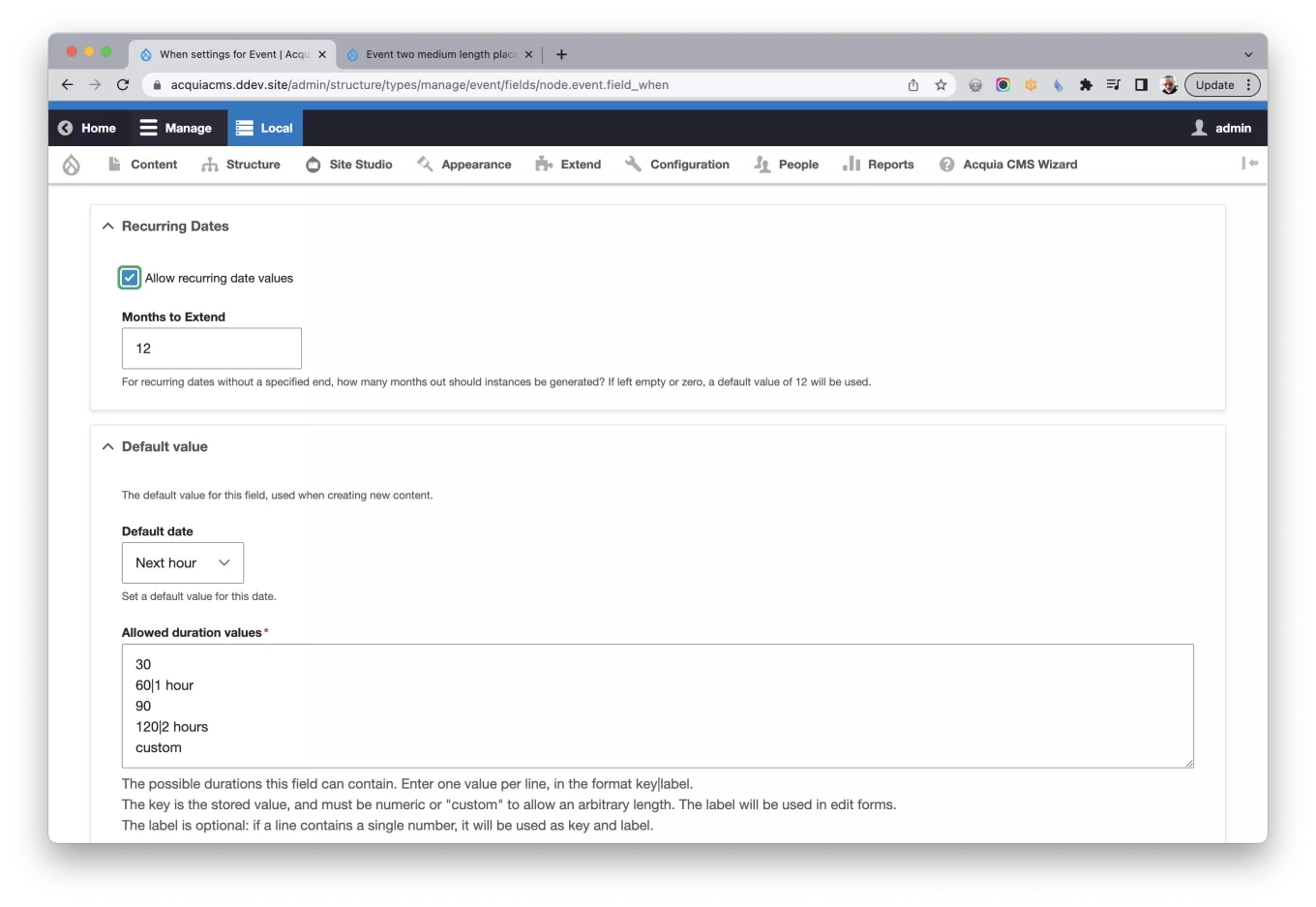 Screen capture of the form for configuring the new field's defaults