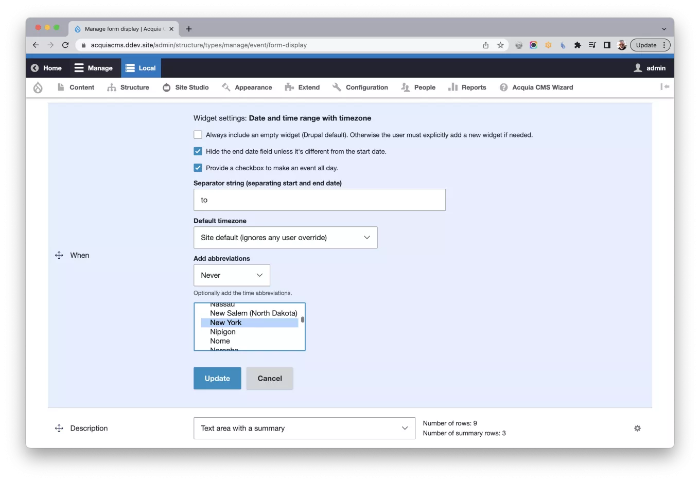 Screen capture of the form for configuring the field's form display