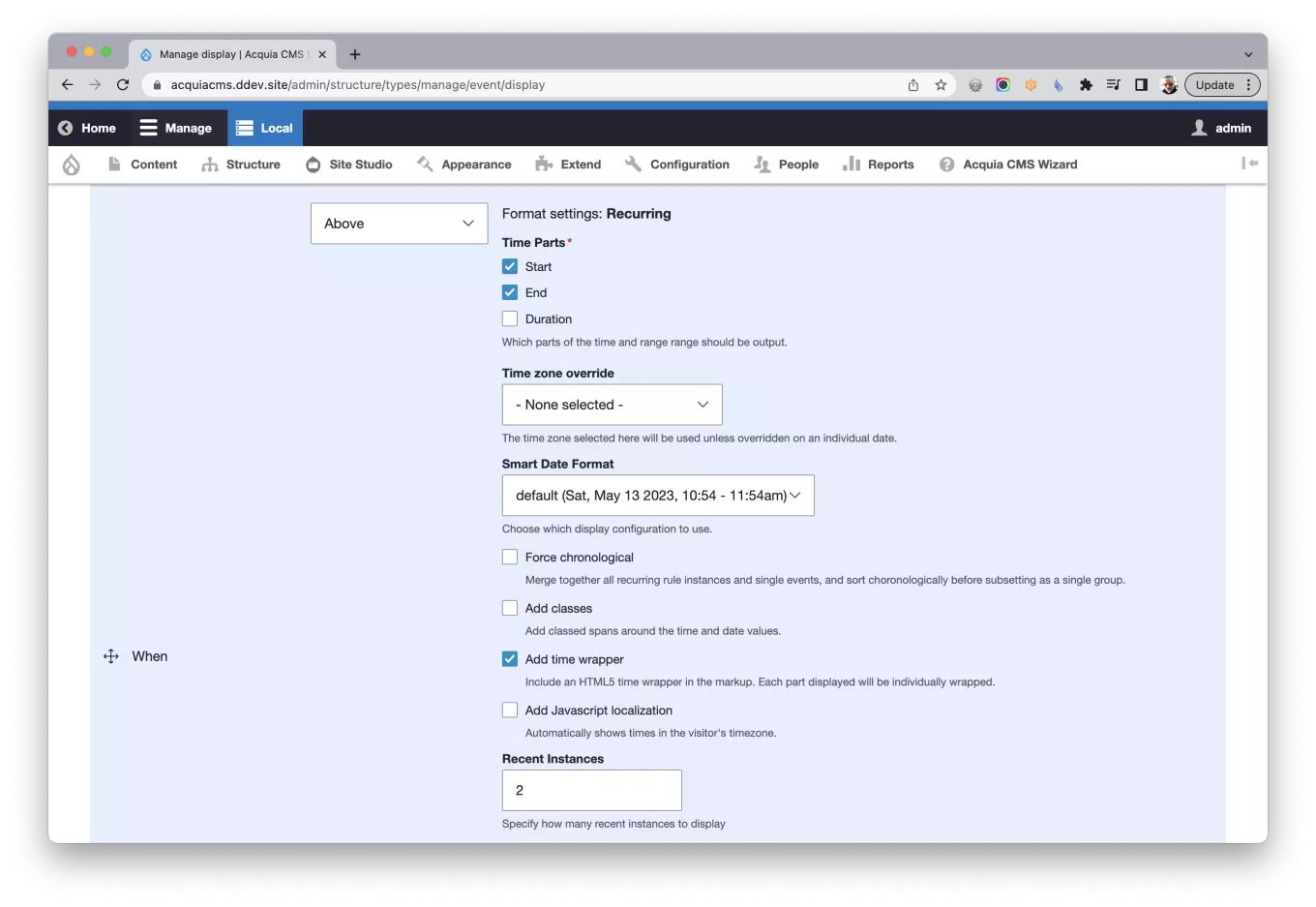 Screen capture of the form for configuring the field's display