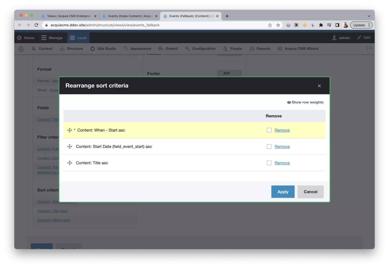 Screen capture of the form for change the sort fields
