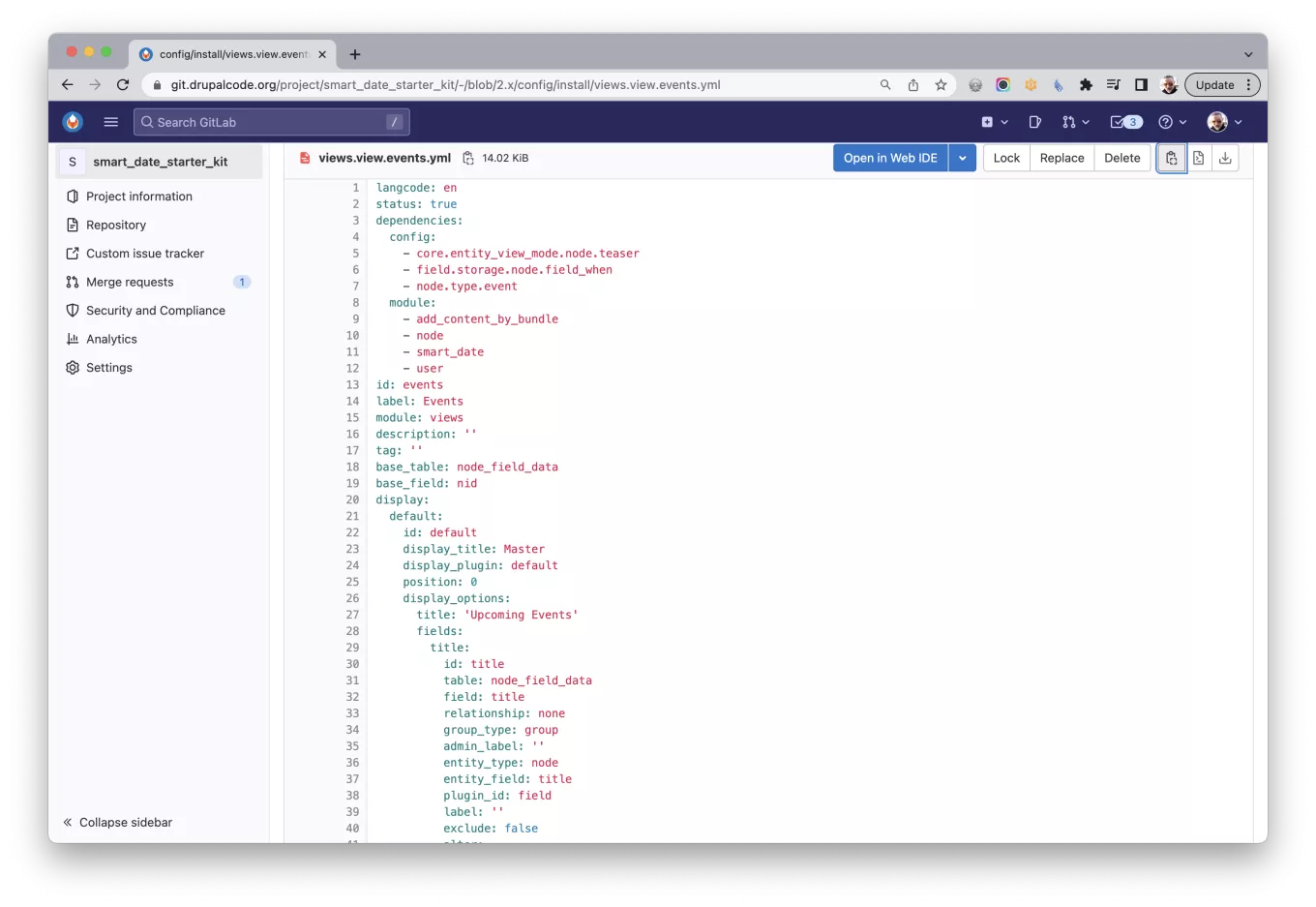 Screen capture of the Gitlab page where the view configuration can be copied