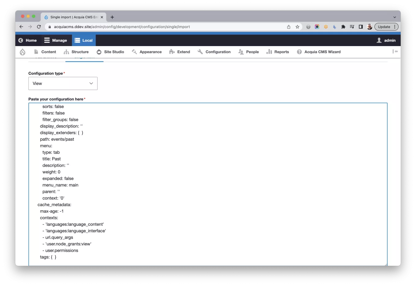 Screen capture of the form for importing the view configuration