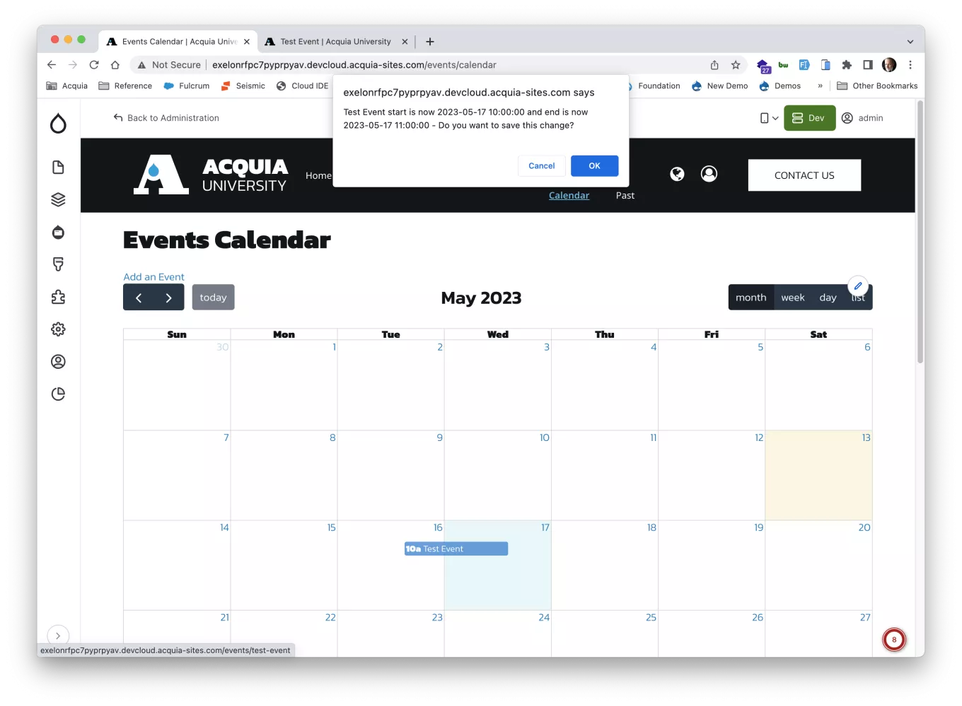 Screen capture of an interactive calendar with an event being dragged to a different day